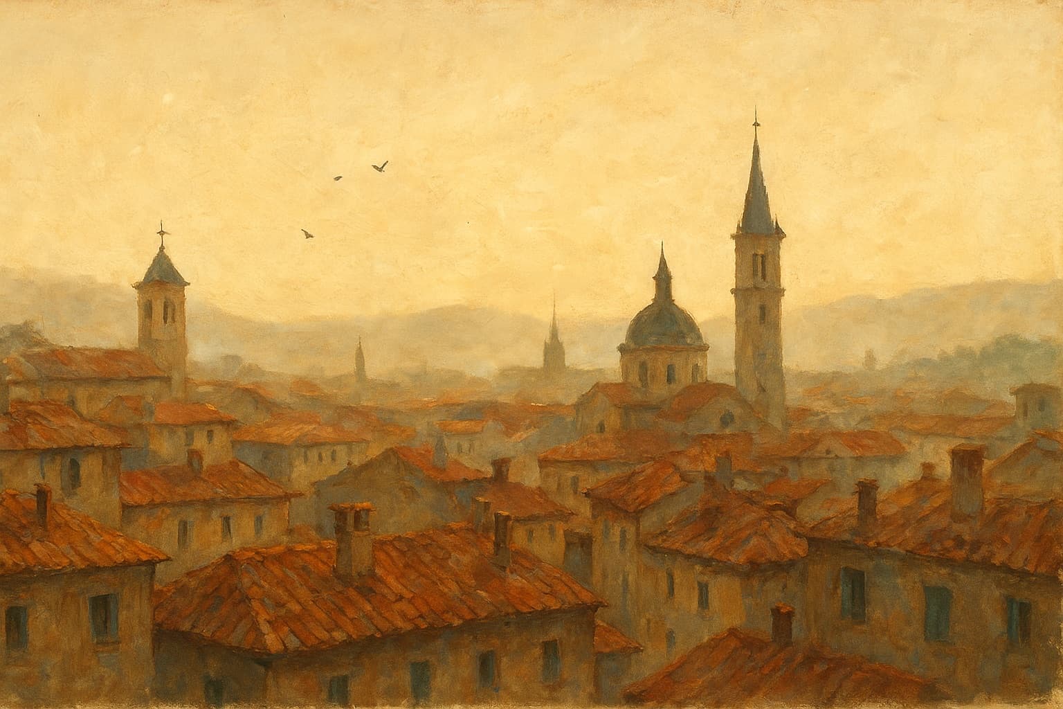 Painterly rooftops fading into warm paper, the new site's hero art
