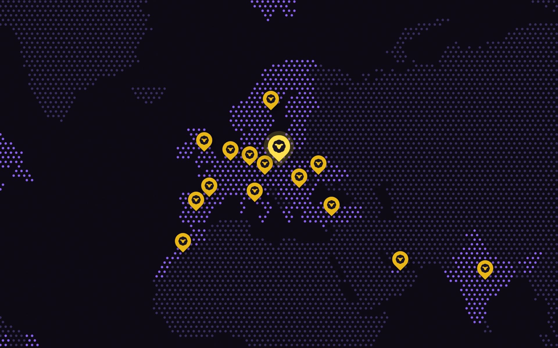 Gold sheep map pins over a dotted purple world map on the Czarna Owca website, with a larger glowing pin on Warsaw