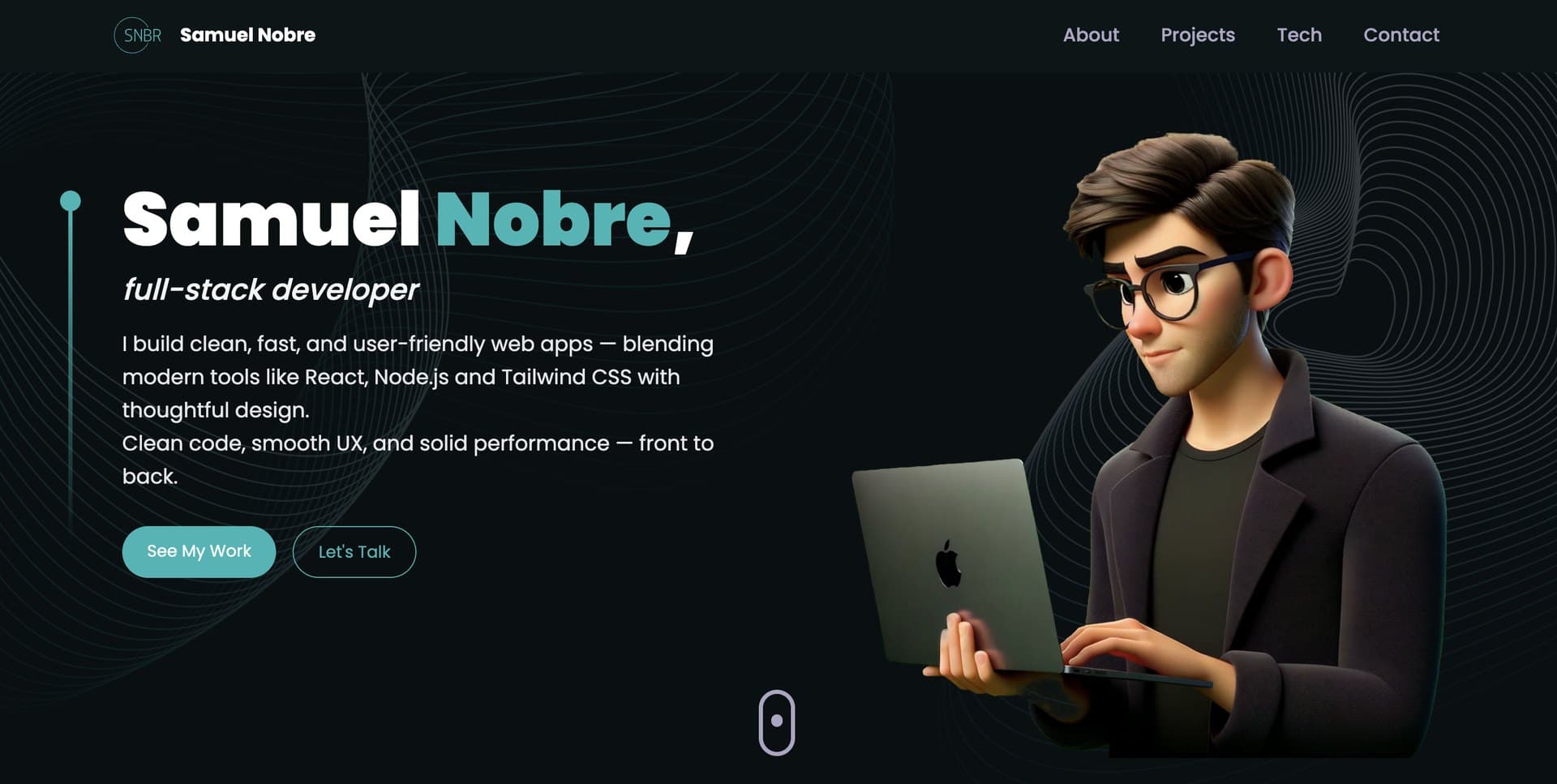 The previous samuelnbr.com: a dark portfolio with a 3D avatar, a 'full-stack developer' headline and a list of frameworks